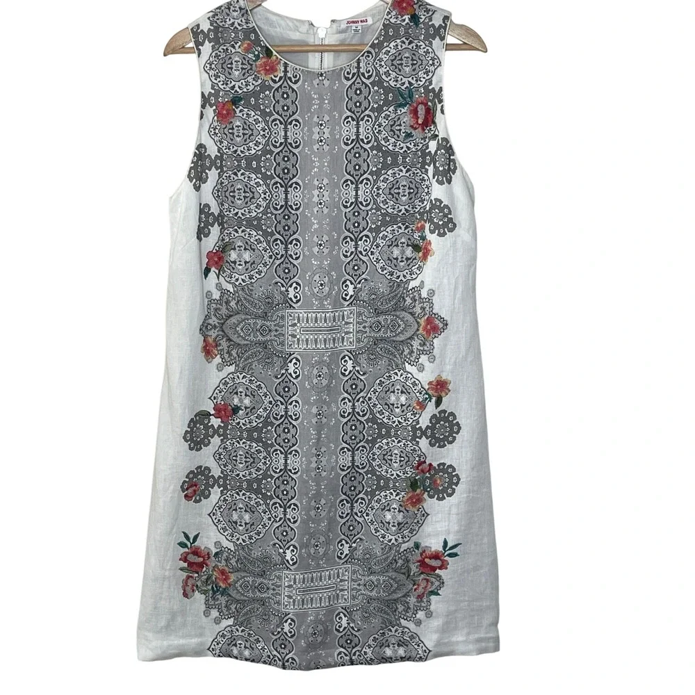 Johnny Was Women's M White Linen Paisley‎ Shift Dress N36820-2 Sleeveless